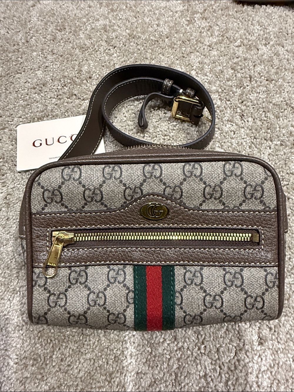 Gucci Beige Brown GG Supreme Canvas Belt Bag with Green-Red Web